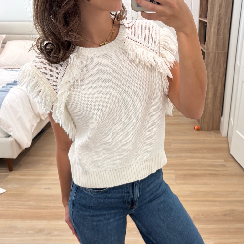 White Fringe Knit Top Sweater